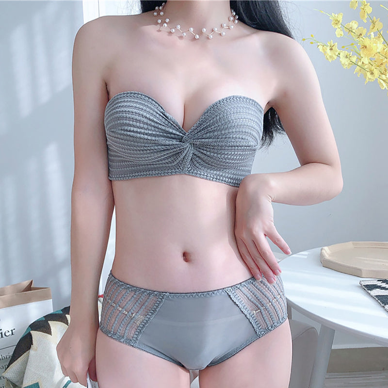 Women Skin Gray Sexy Lingerie Sets Wireless Lace Panties Padded Bras Push Up Bra Sets Underwear A B Invisible