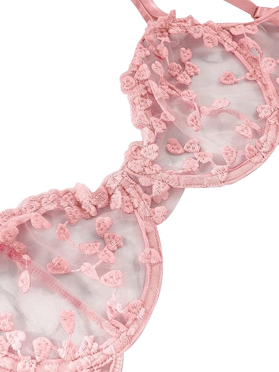 Underwire Cute Push Up Strappy Embroidered Mesh Sheer Lingerie Set See Through Panty Bra