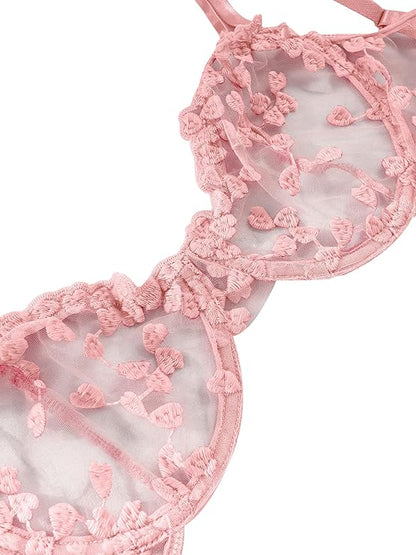 Underwire Cute Push Up Strappy Embroidered Mesh Sheer Lingerie Set See Through Panty Bra