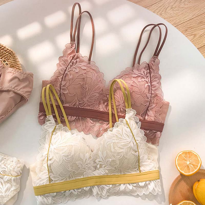 New For Women Lace Wireless Sexy Lingerie Set Cotton Panties Padded Cross Back Bra Sets Underwear A B