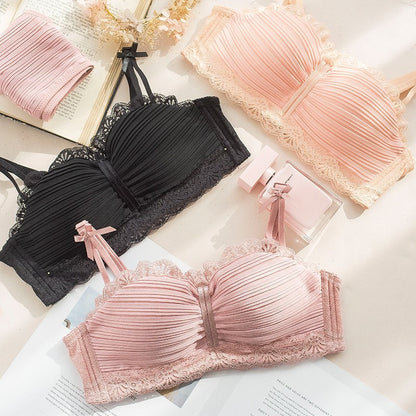 New For Women Lace Trim Half Cup Straps Bow Bralette Panties Wireless Underwear Sexy Lingerie Push Up Bra Sets