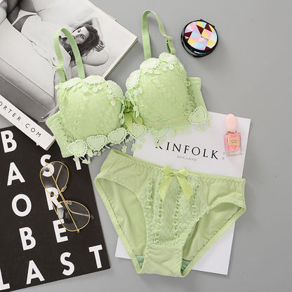 Students Girls Sweet Candy Color Underwear Set Women Korean Graceful Lace Heart Padded Push Up Bras Underpants Suit Lingerie Set