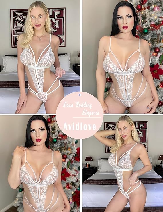 Women One Piece Lingerie Deep V Lace Bodysuit Babydoll Teddy Underwear (White)