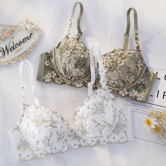 Women Lingerie Lace Ruffle Straps Bralette Soft Trim Padded Panties Push Up Wireless Bra Sets A B Embroidery
