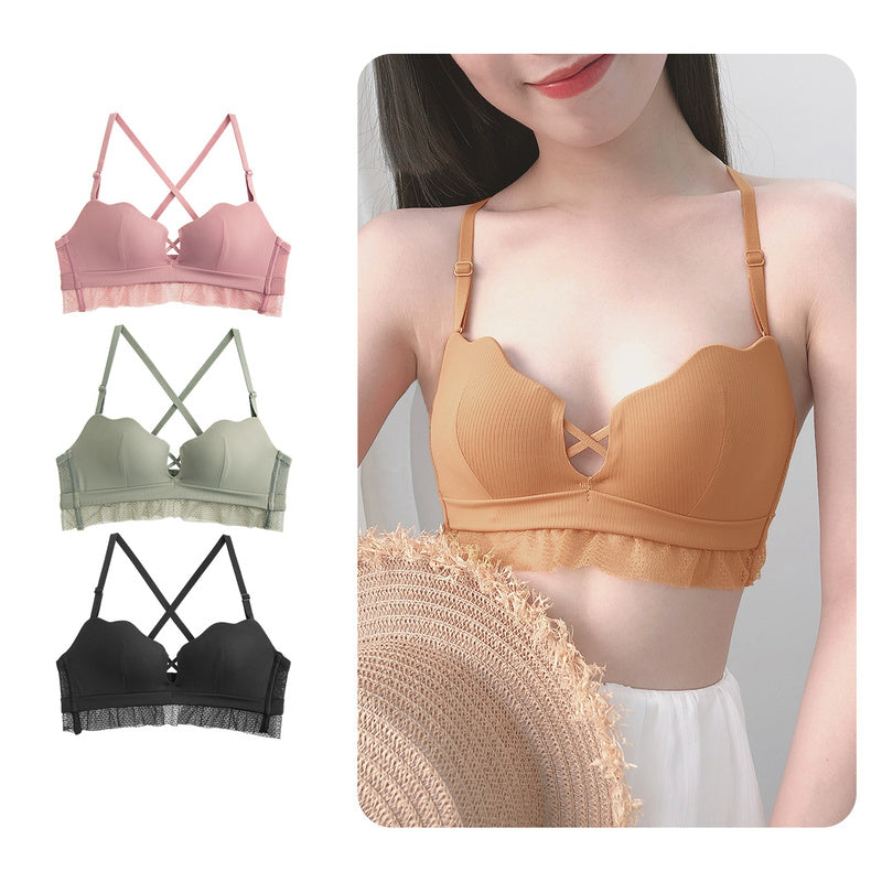 New Fashion Women Pink Green  Lingerie Sets Lace Cross Back Cotton Panties Padded Wireless Bra Sets A B