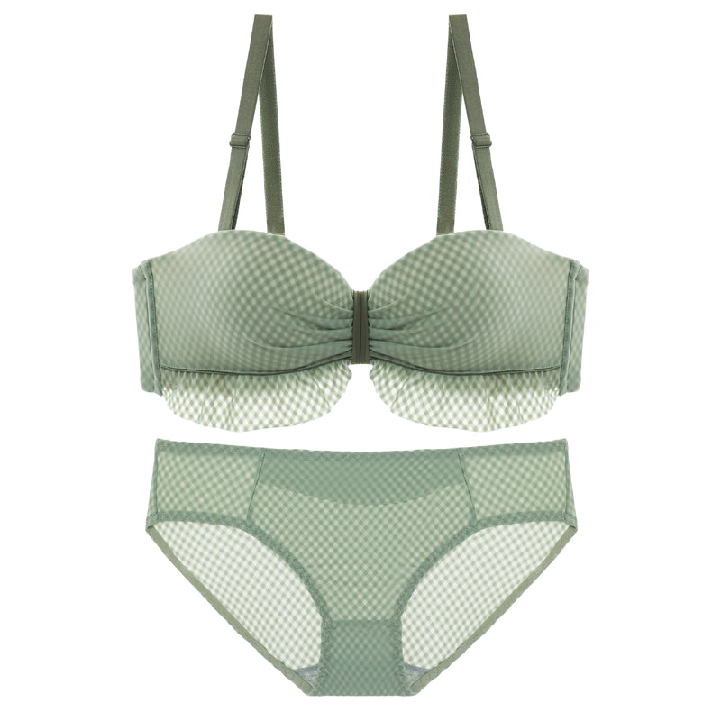 Sage Green Gingham Mesh Lingerie Set